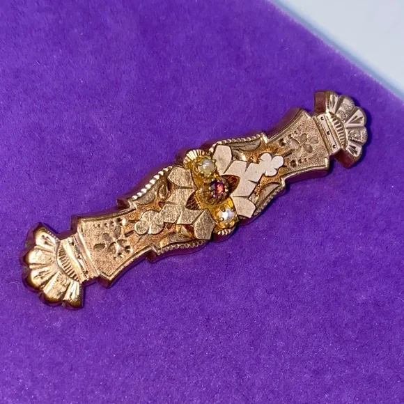 💛 Antique Gold Filled Ornate Seed Pearl & Paste Stone | Romantic Statement - Picture 9 of 9